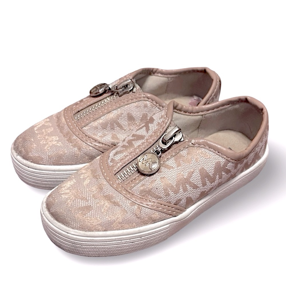 Michael Kors Logo Slip-On Tan Girls Sz 8 Toddler Loafer Zip Shoes Monogram Arrow